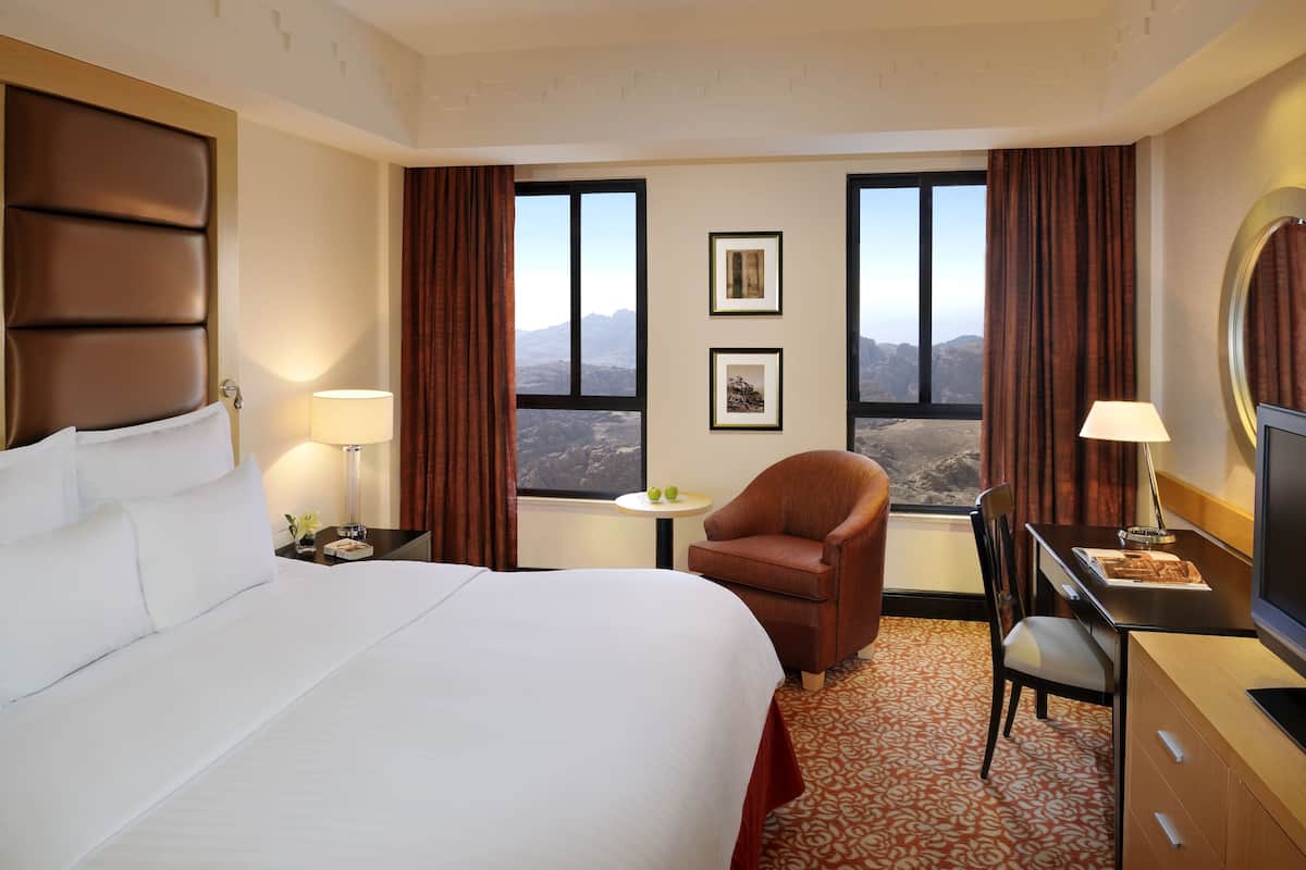 A hotel room with a large bed, a desk with a chair, a TV, and a view of mountains through the windows.