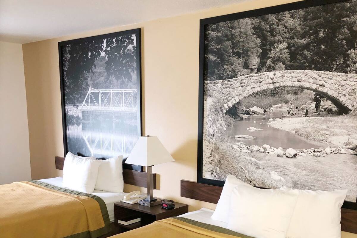 Desk, laptop workspace, blackout curtains, iron/ironing board