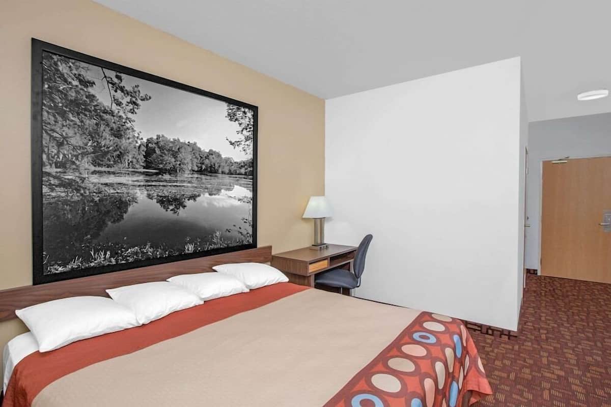 Habitación de hotel con cama, escritorio, silla, lámpara y un cuadro grande con un paisaje de lago.