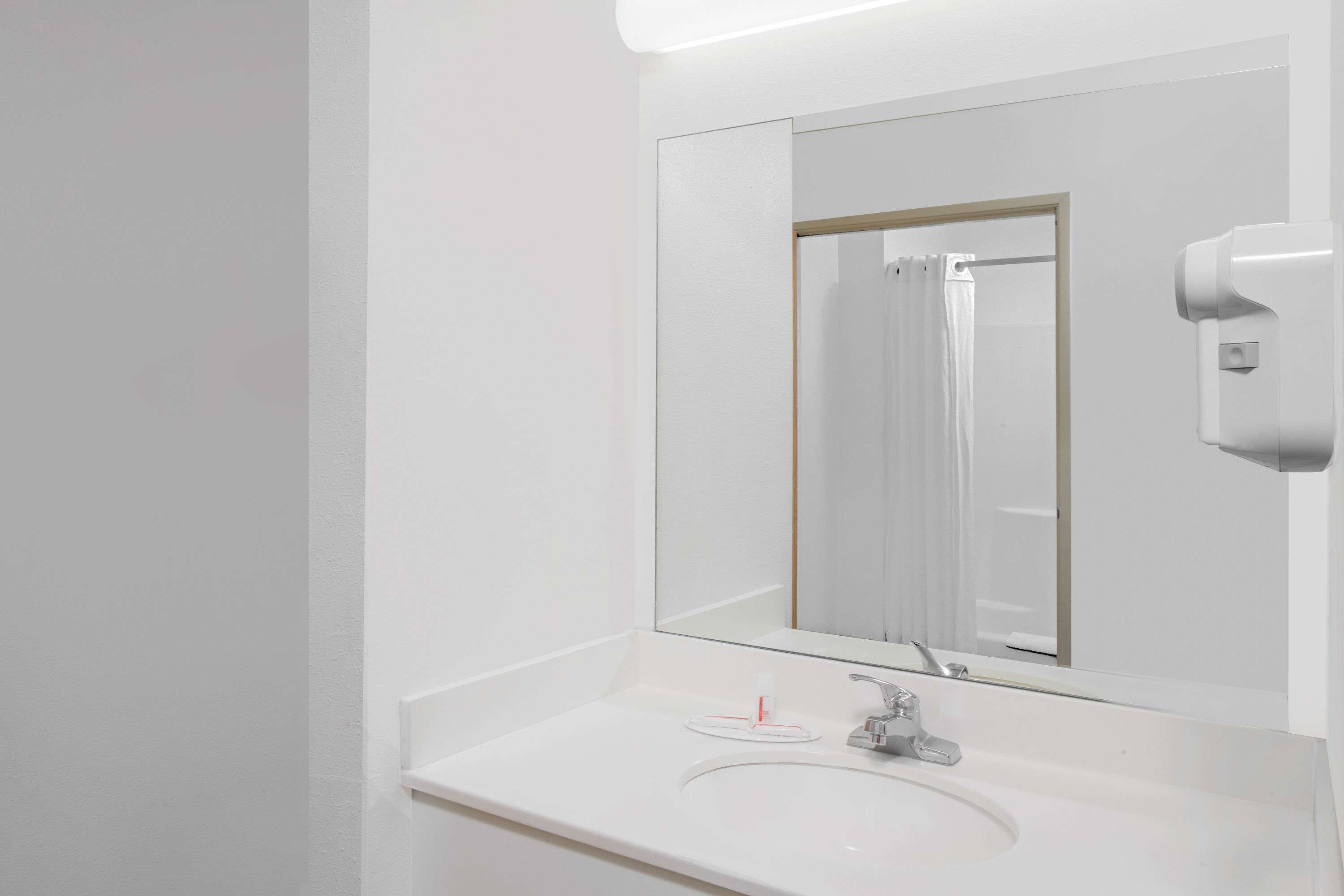 A bathroom with a white sink, a mirror, and a handheld showerhead.