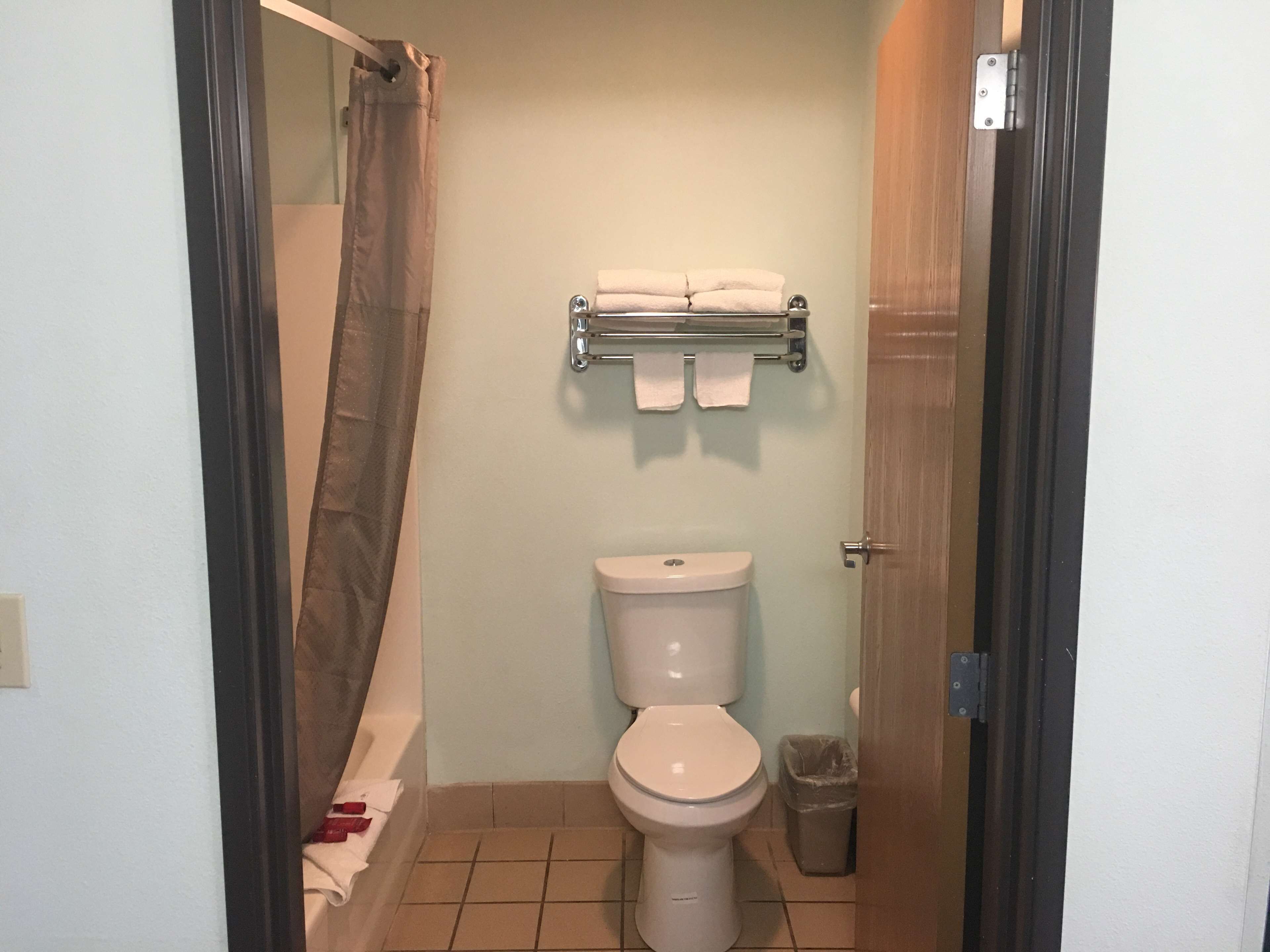 Een kleine, schone badkamer met toilet, douchegordijn, handdoekrek met twee handdoeken en een prullenbak.