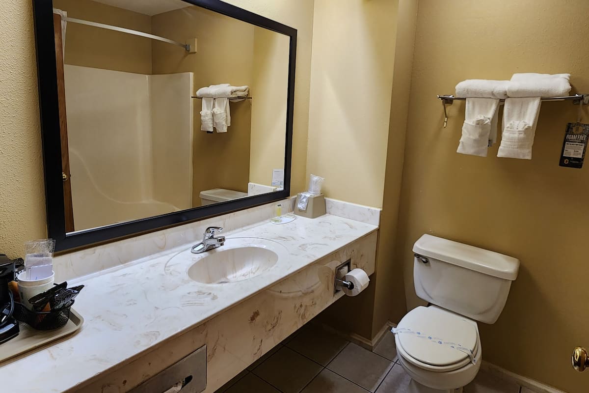 Duschwanne, kostenlose Toilettenartikel, Haartrockner, Handtücher