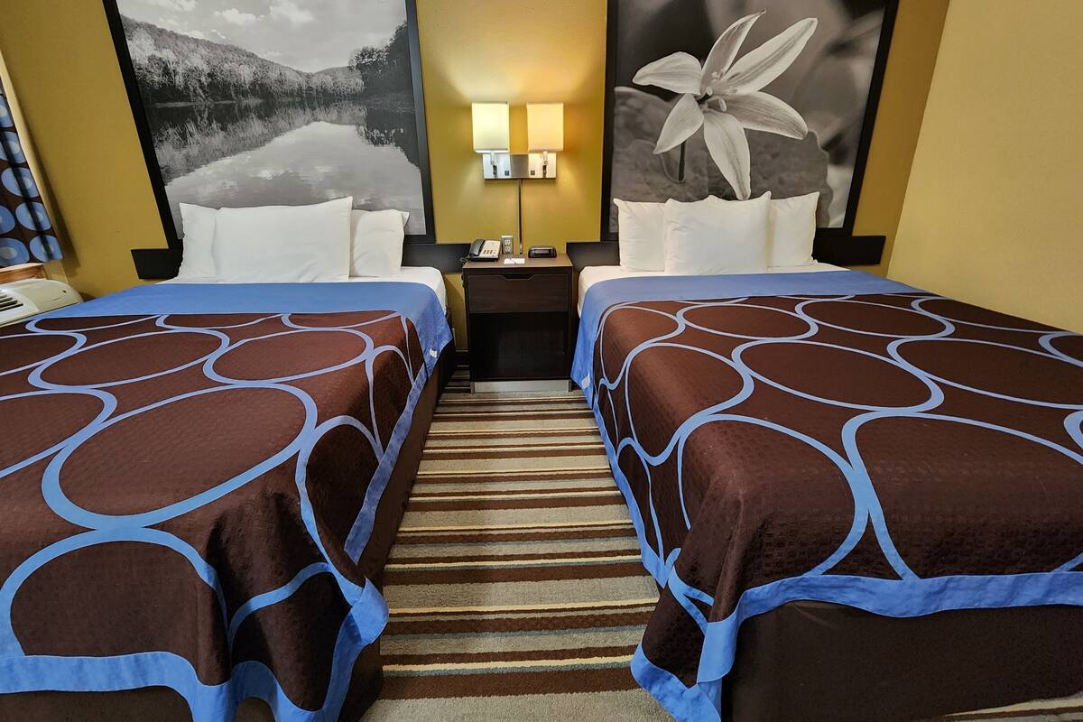 Quarto de hotel com duas camas, uma mesa de cabeceira com luminária e duas grandes molduras na parede.