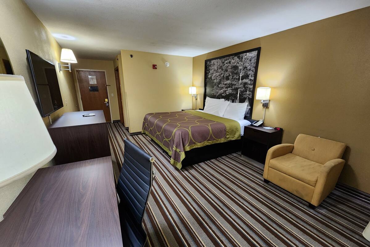 Quarto de hotel com cama, escrivaninha, cadeira, televisão e um quadro na parede.