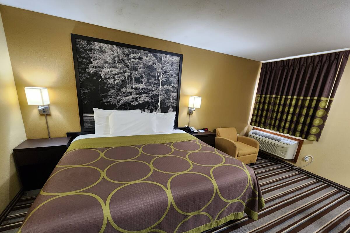Quarto de hotel com cama, duas luminárias de cabeceira, mesa de cabeceira, cadeira, aparelho de ar condicionado e uma grande pintura na parede.