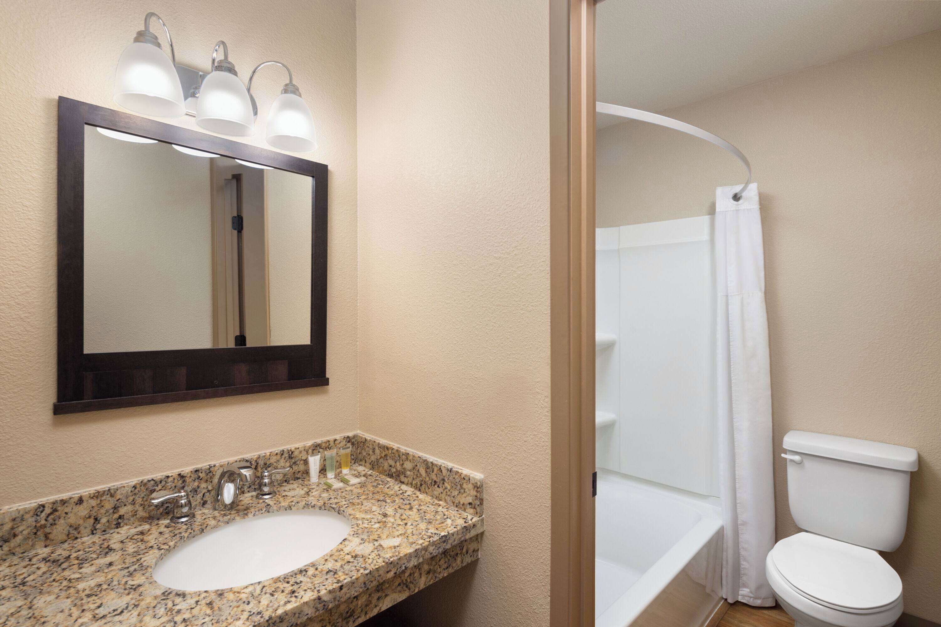 A bathroom with a granite countertop sink, a mirror, and a shower curtain.