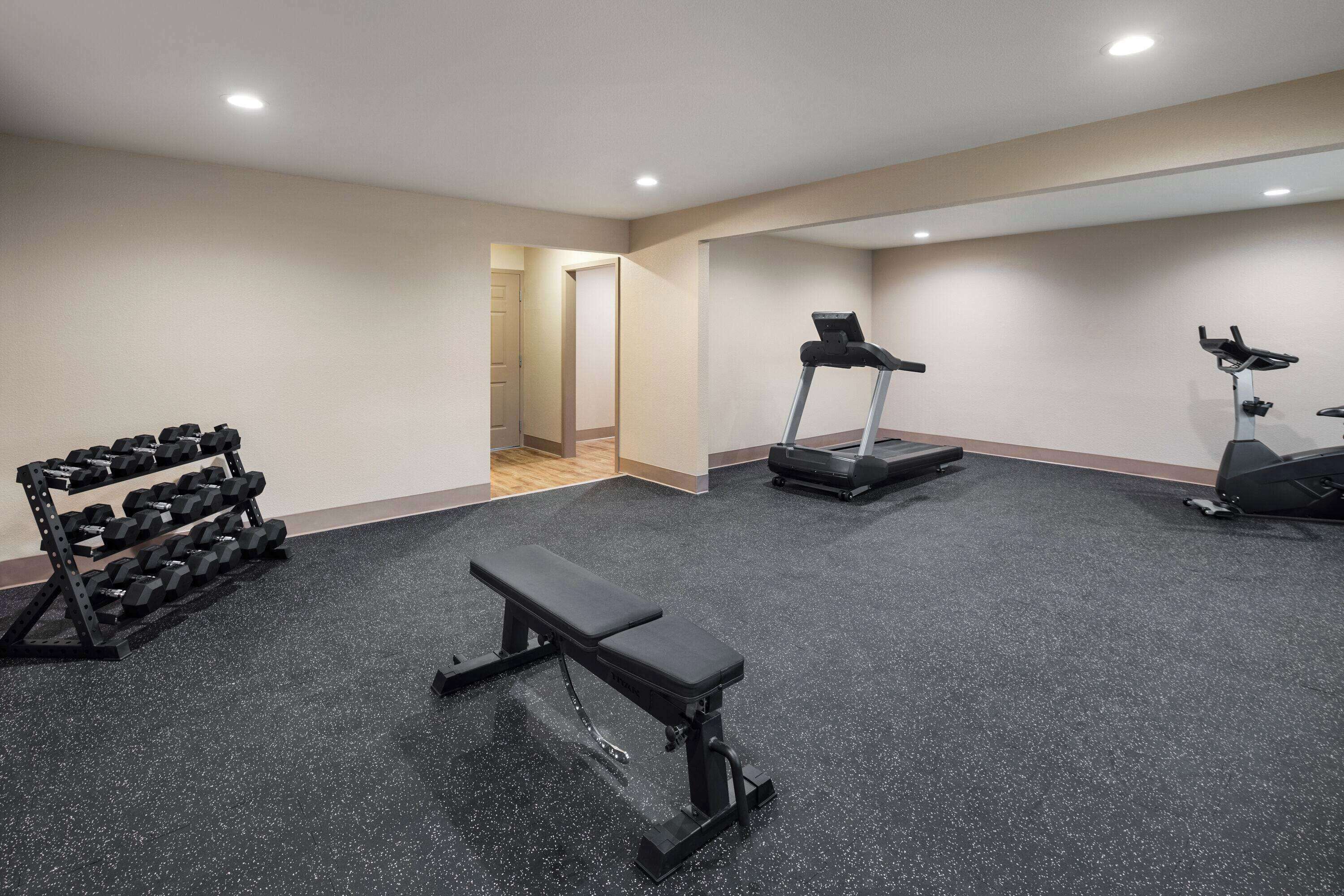Une salle de sport équipée d’un banc, de tapis de course et d’un porte-haltères.