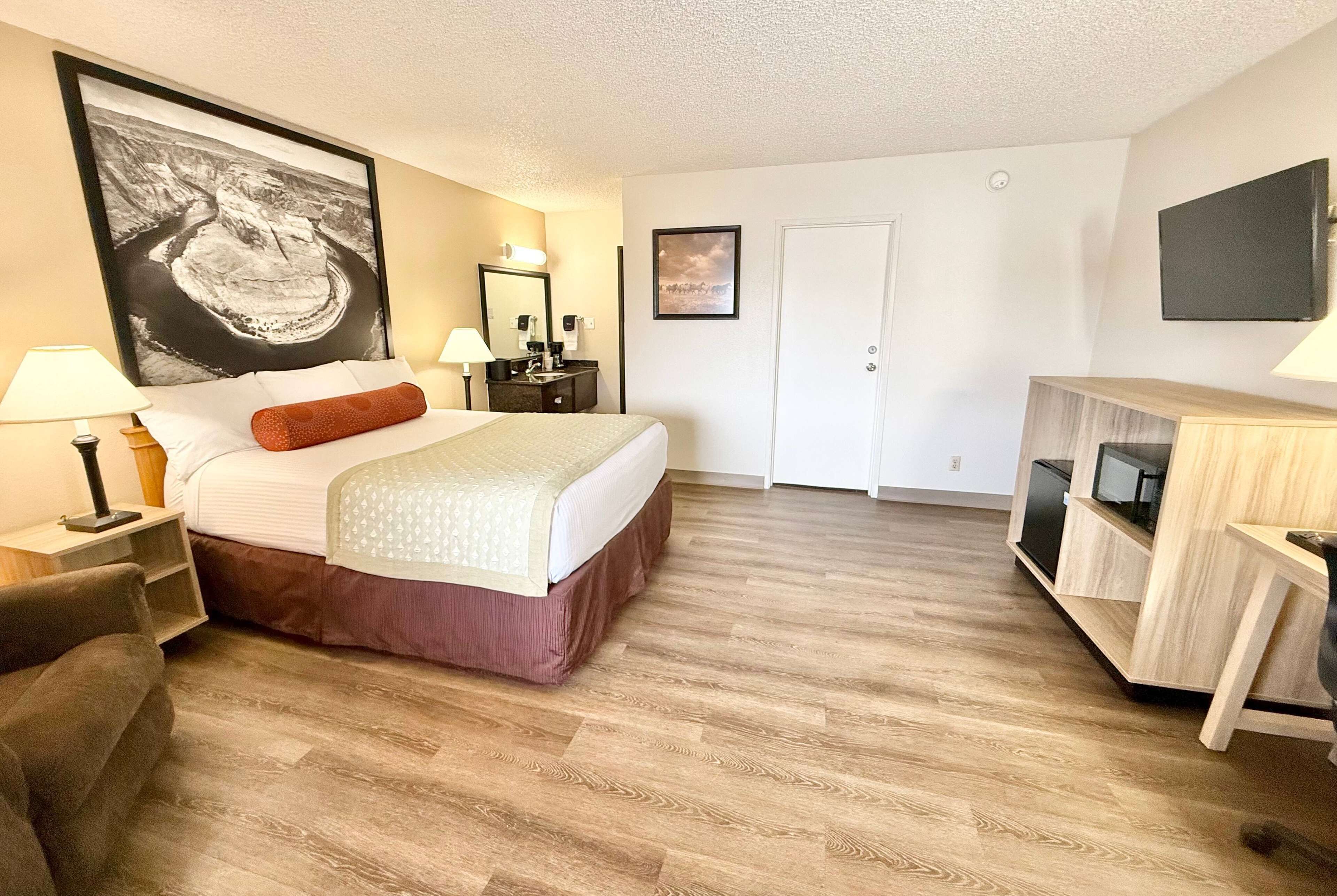 A hotel room with a bed, a desk, a chair, a TV, and a large framed picture on the wall.