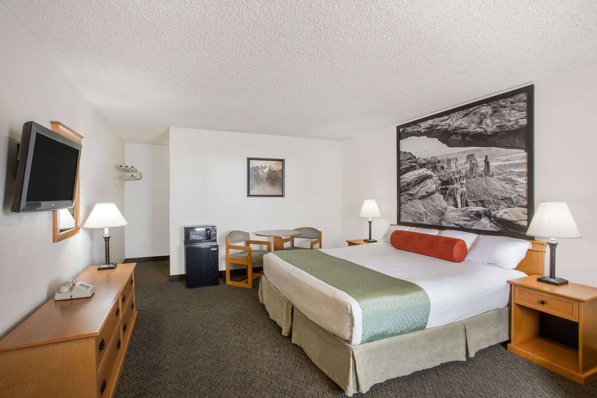 A hotel room with a bed, a desk, a chair, a TV, a refrigerator, and a large framed picture on the wall.