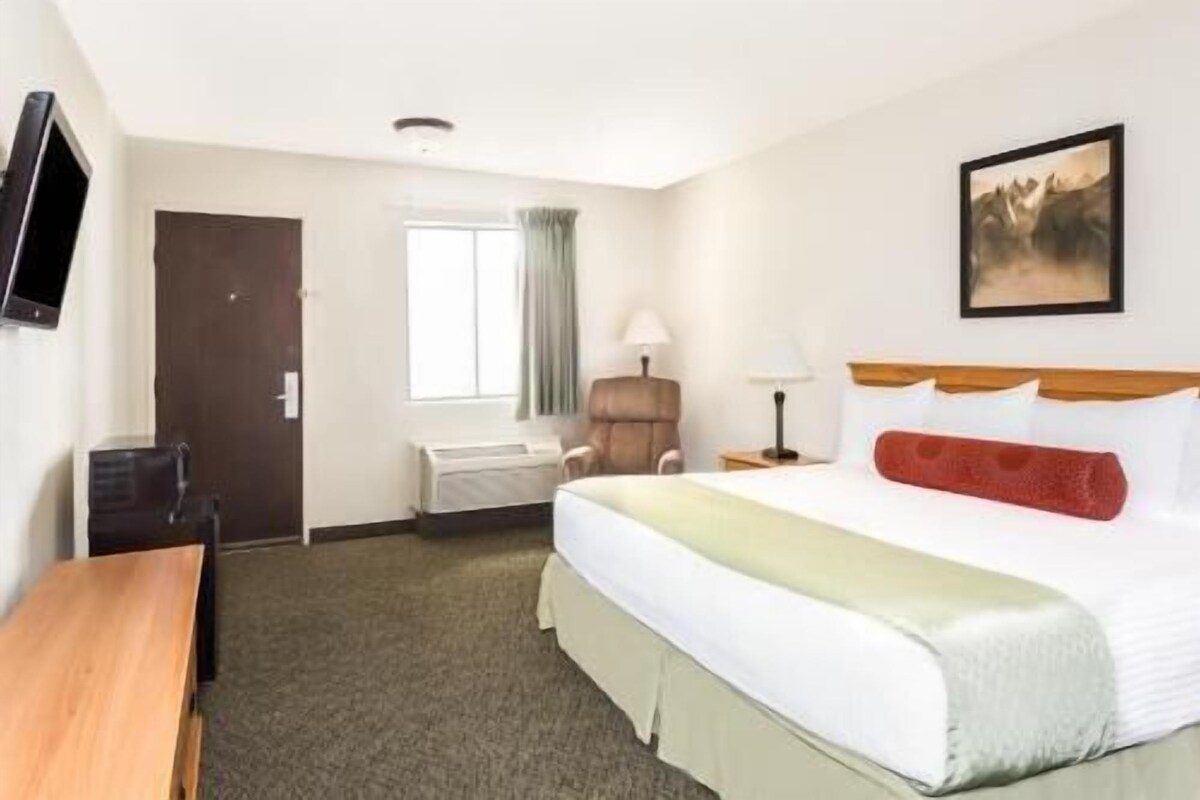 A hotel room with a bed, a desk, a chair, a TV, a window, and a painting on the wall.