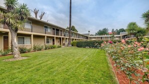 A motel with a central lawn, multiple balconies, and a variety of plants. - Rose Garden Inn - San Jose Airport (San Jose)