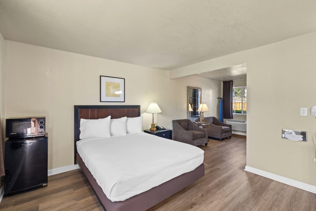 A hotel room with a bed, a desk with a lamp, a chair, a microwave, and a small refrigerator.