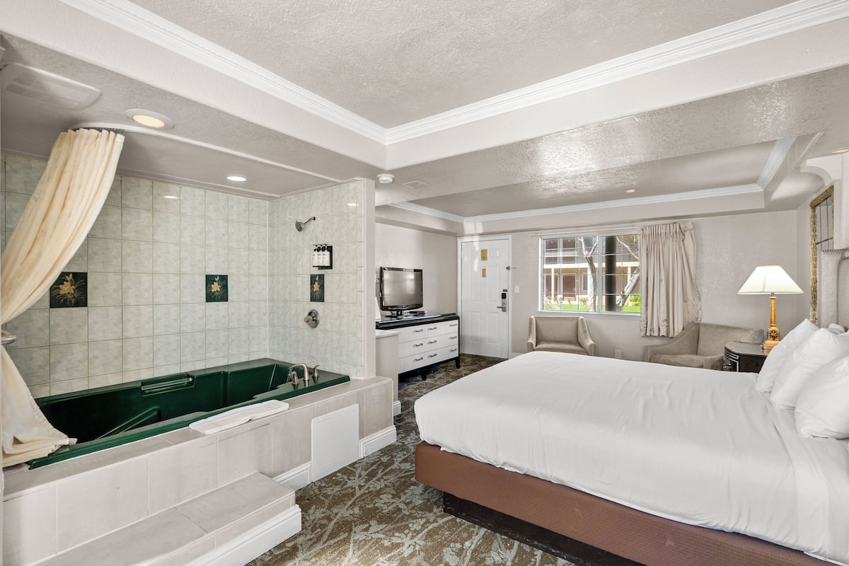 A hotel room with a large bed, a bathtub, a television, a desk, and a window with curtains.