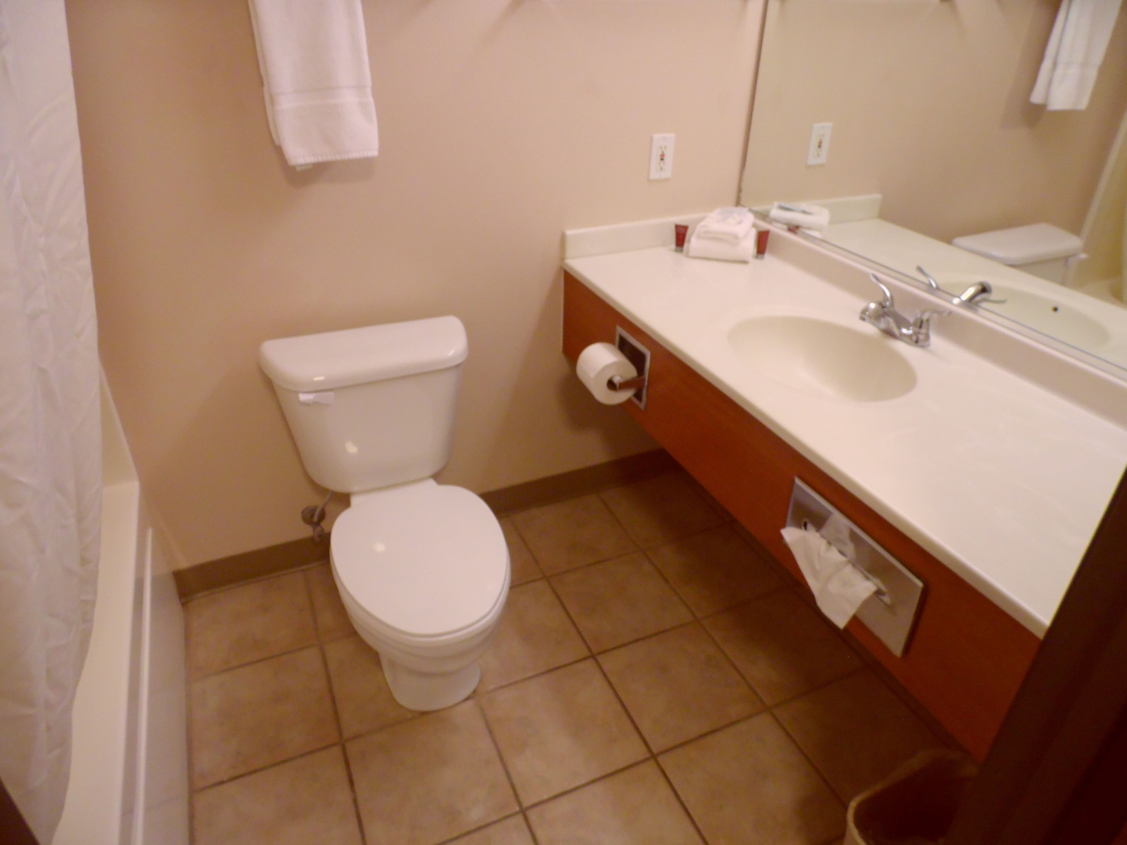 A bathroom with a toilet, sink, and mirror.