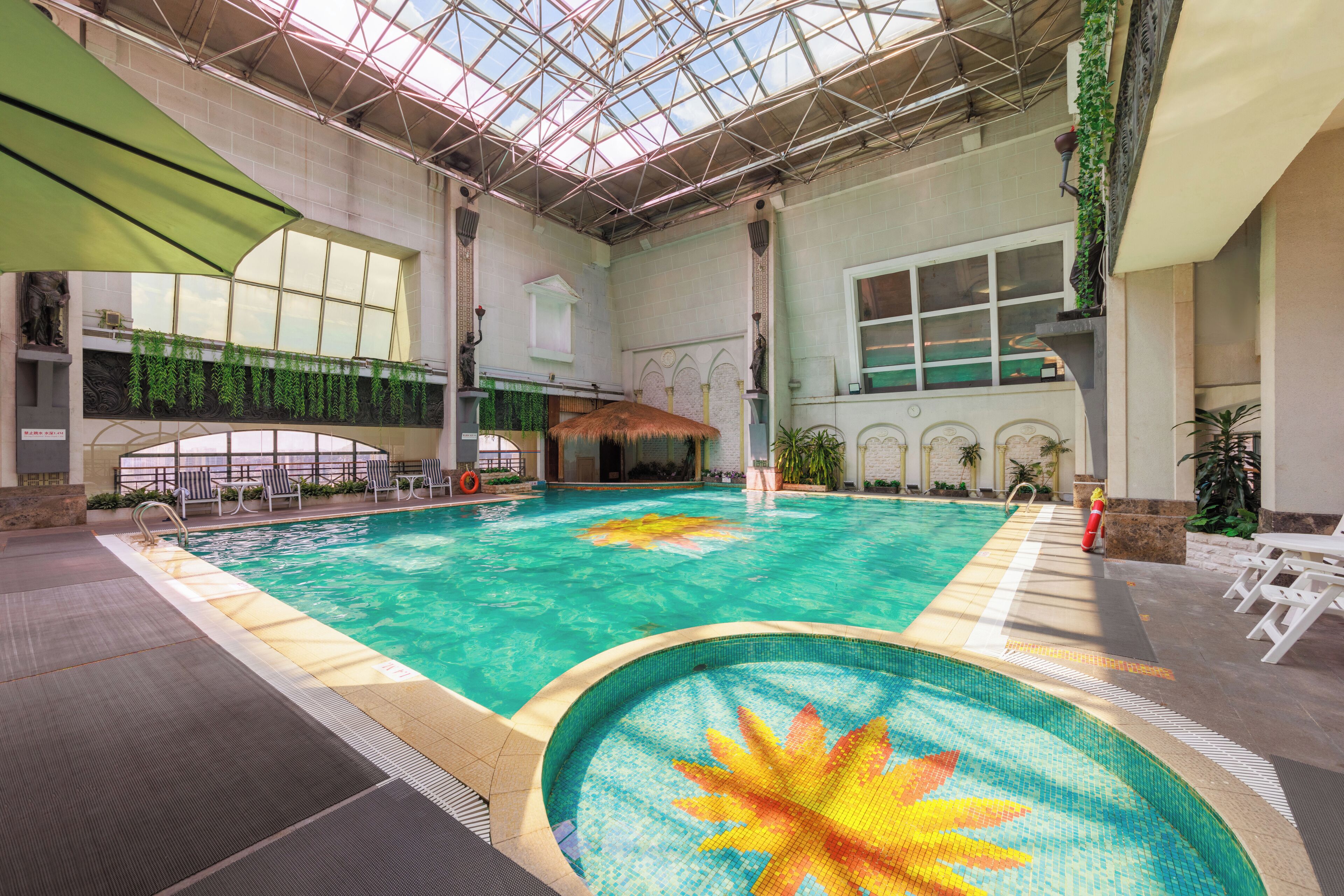 indoor pool, open 6:00 am to 10:00 pm, pool umbrellas
