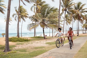 Un camino pavimentado con palmeras y una playa al fondo.