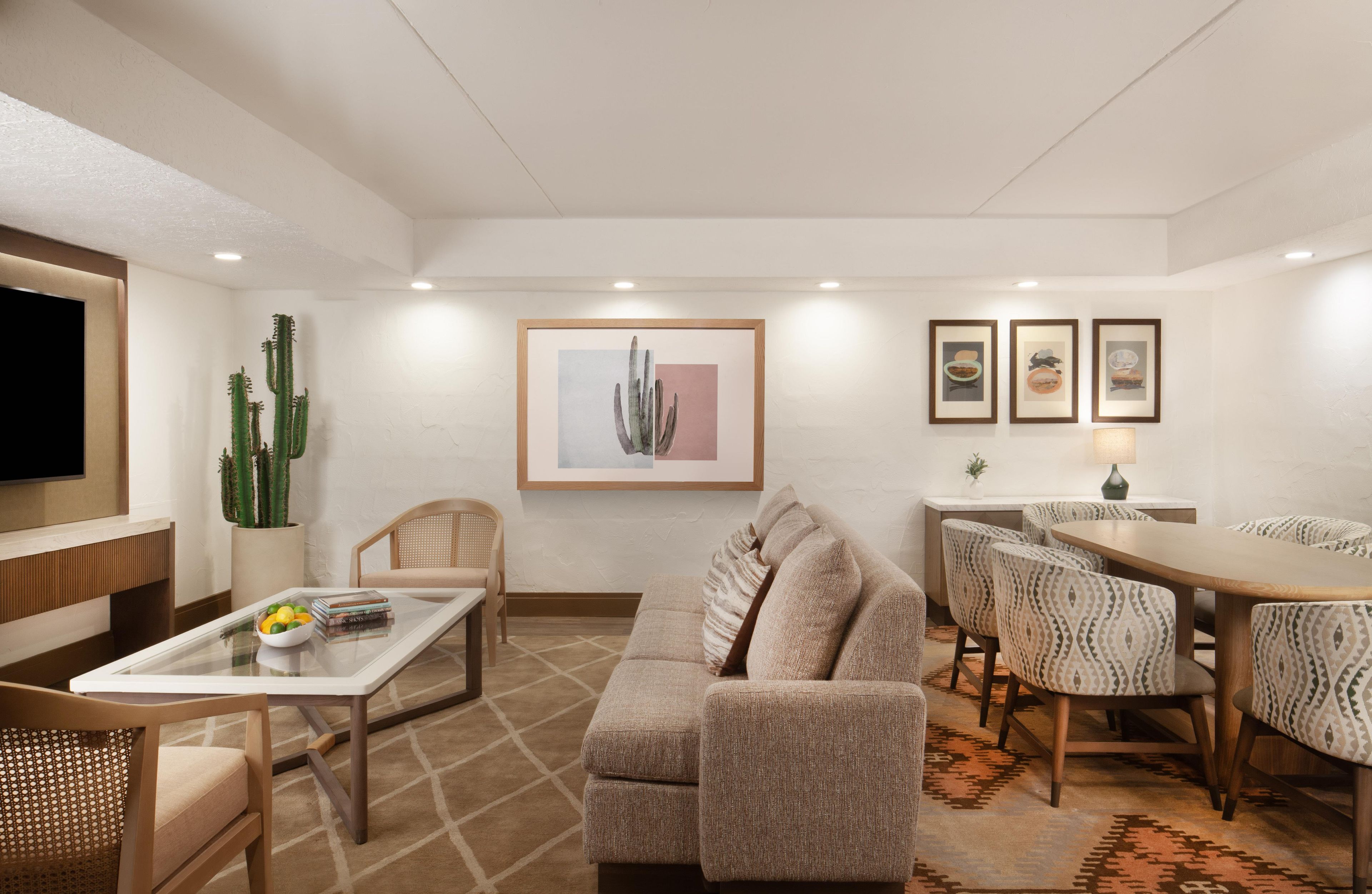 A modern living room with a sofa, dining table, chairs, a TV, and a cactus plant.