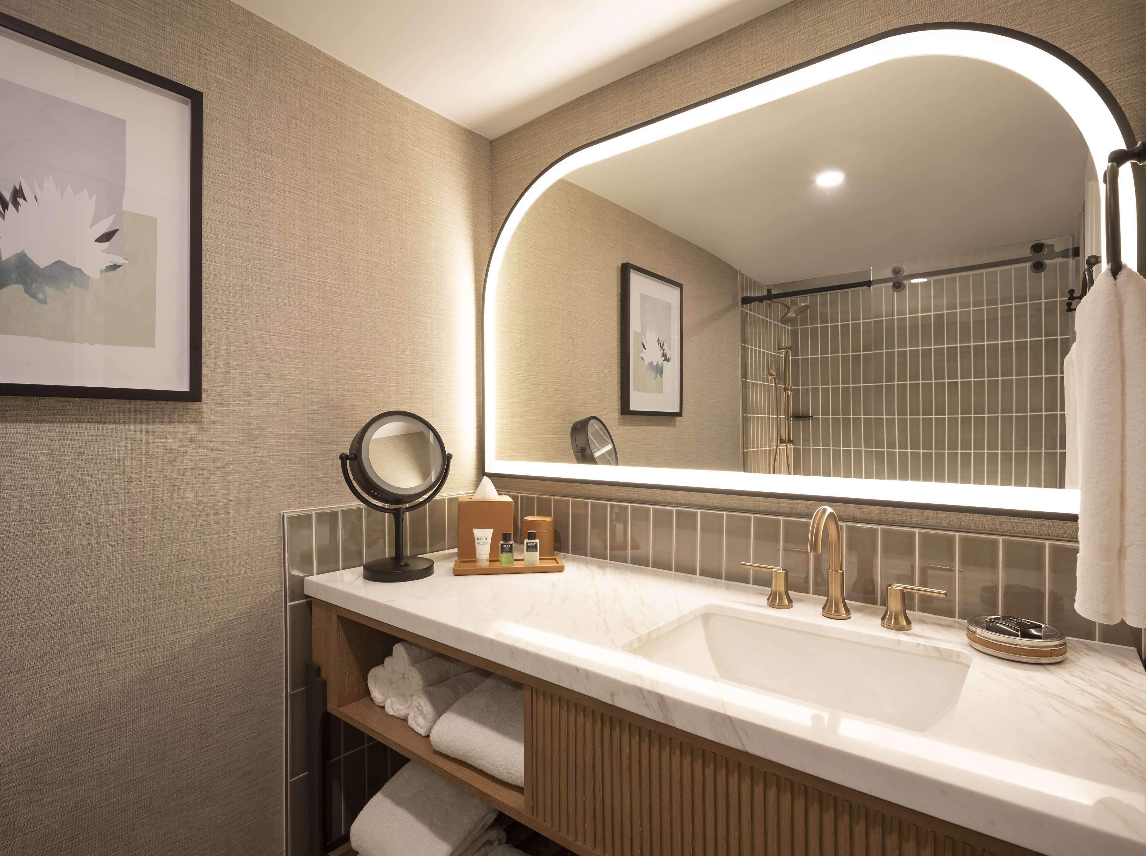 shower, rainfall showerhead, designer toiletries, hair dryer