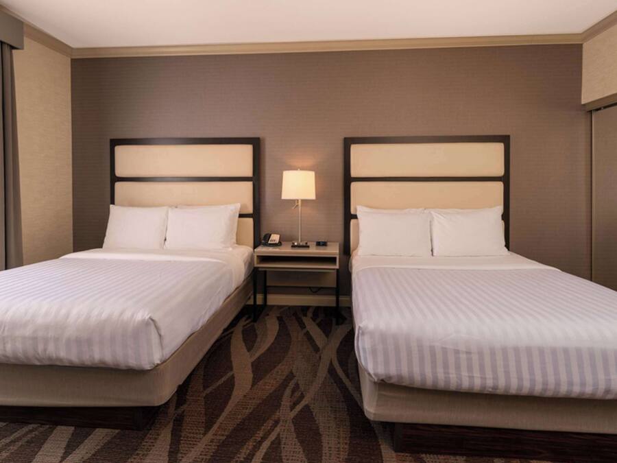 Habitación de hotel con dos camas, una mesita de noche, una lámpara y un ventanal con cortinas.