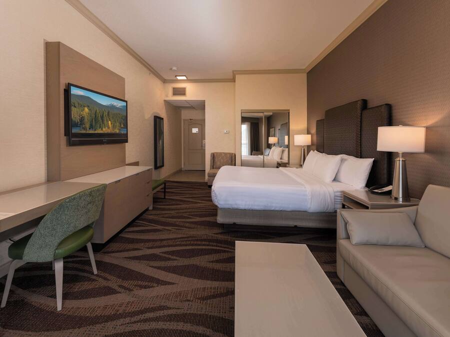 Una habitación de hotel con una cama, un escritorio, una silla, un sofá y un televisor.