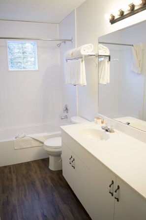 Bathroom features a white bathtub, glass-enclosed shower, and a large vanity with a mirror.