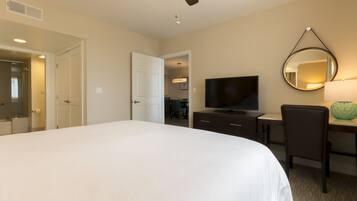 Habitación de hotel con una cama grande, televisión, escritorio, silla y ventilador de techo.