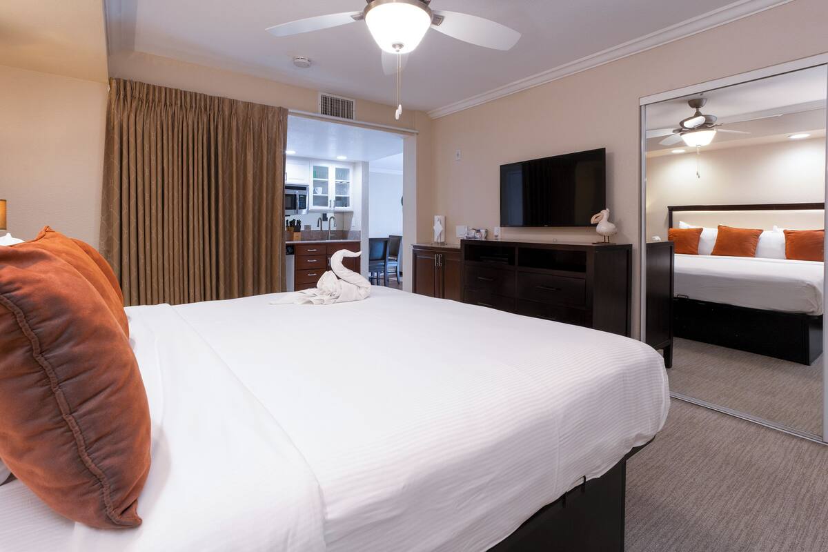 A hotel room with a bed, a television, a ceiling fan, and a large mirror.