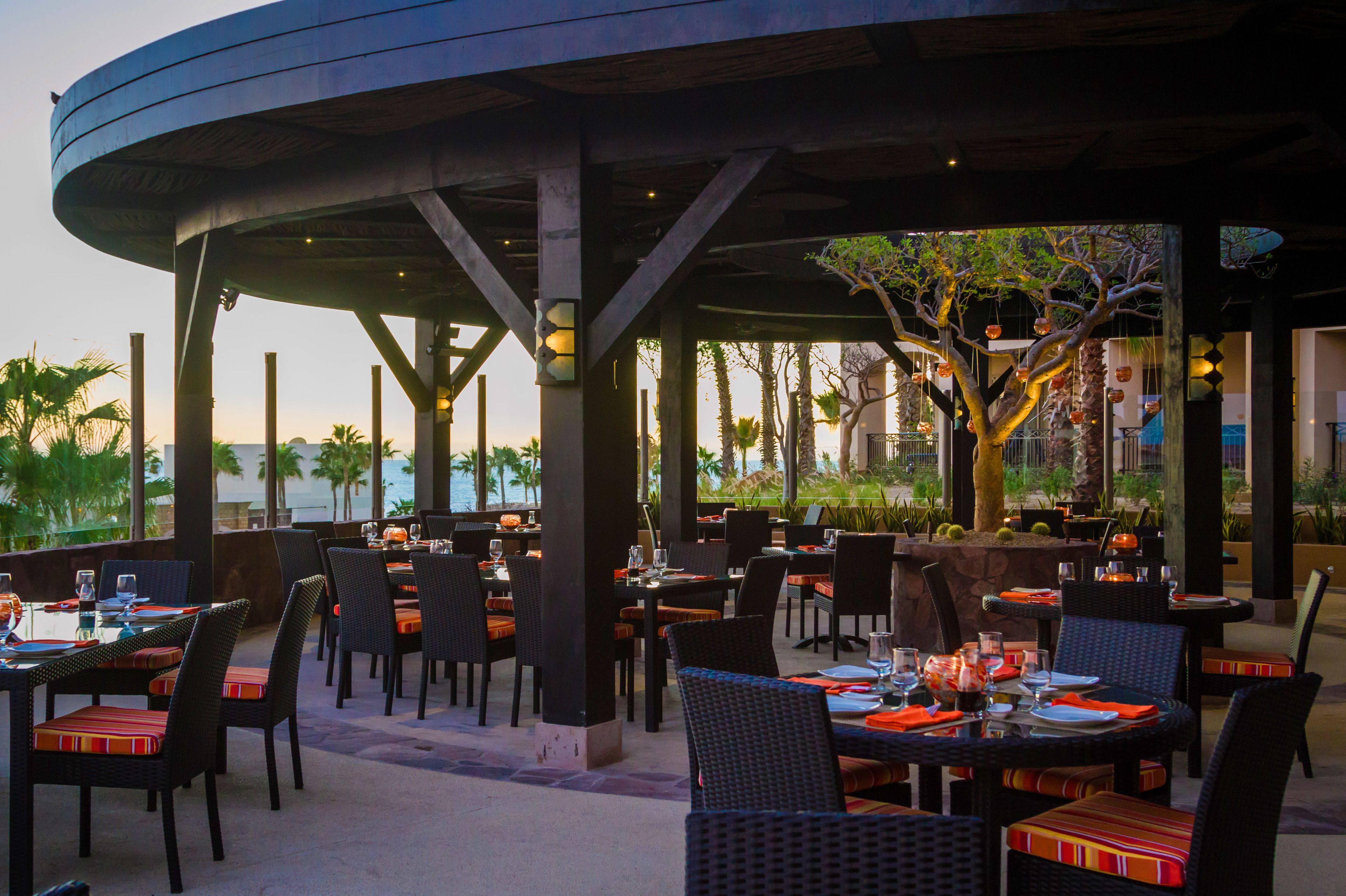 An outdoor restaurant with tables and chairs, a covered area, and a view of palm trees and the ocean.