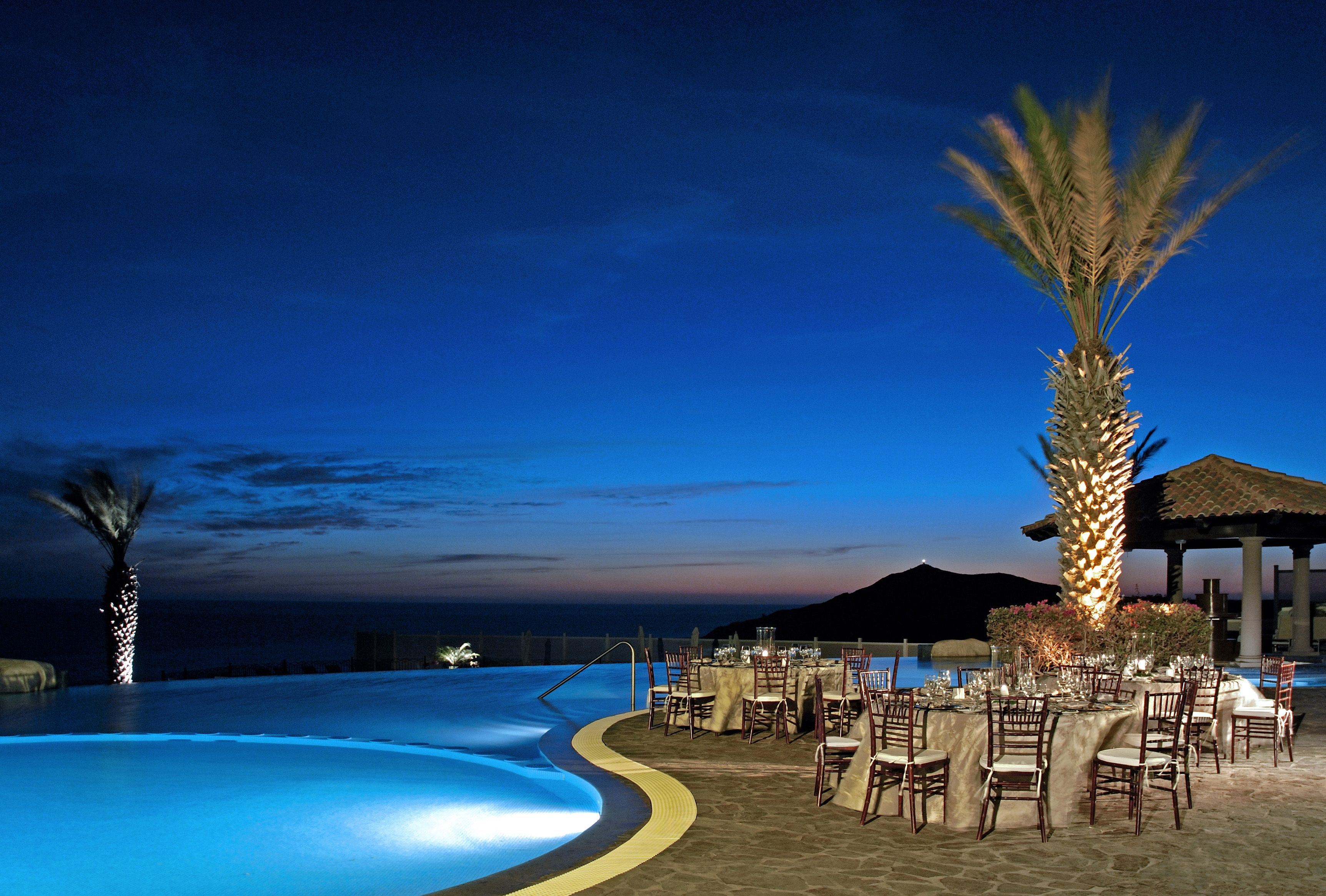 An outdoor pool area with a dining setup and a palm tree.