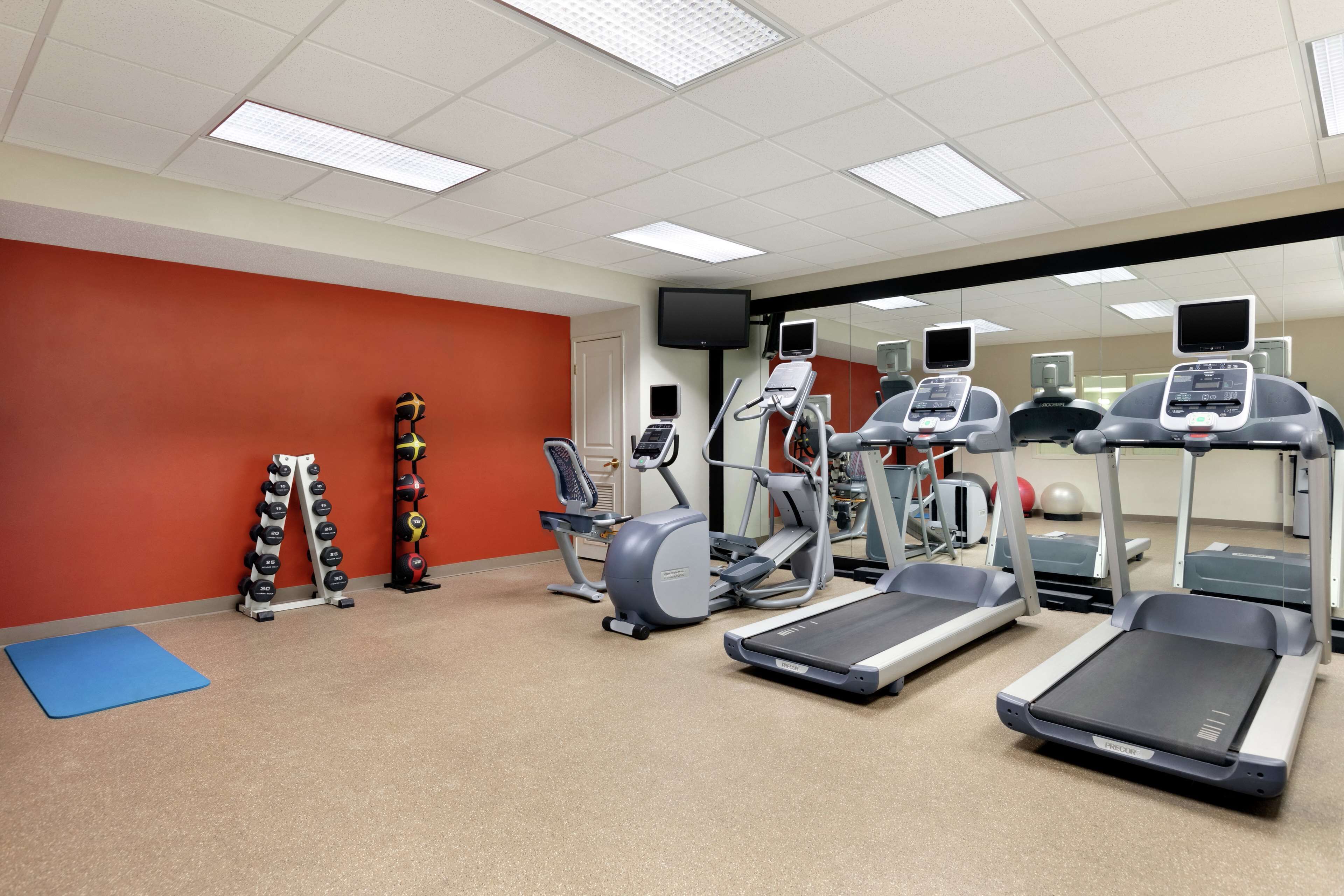 A gym with treadmills, elliptical machines, and weightlifting equipment.