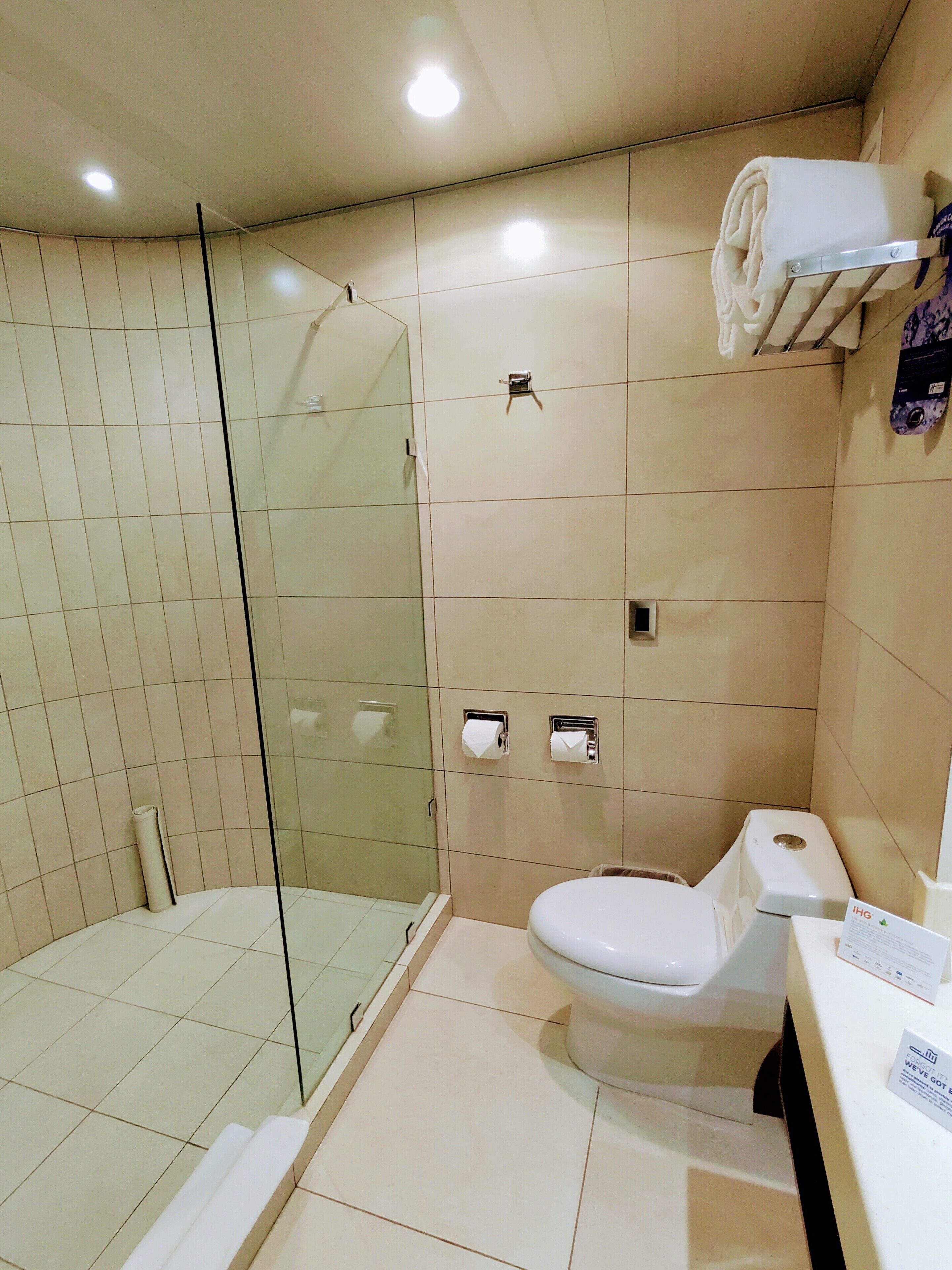 Een moderne badkamer met een douche met glazen wand, een toilet en een handdoekhouder.