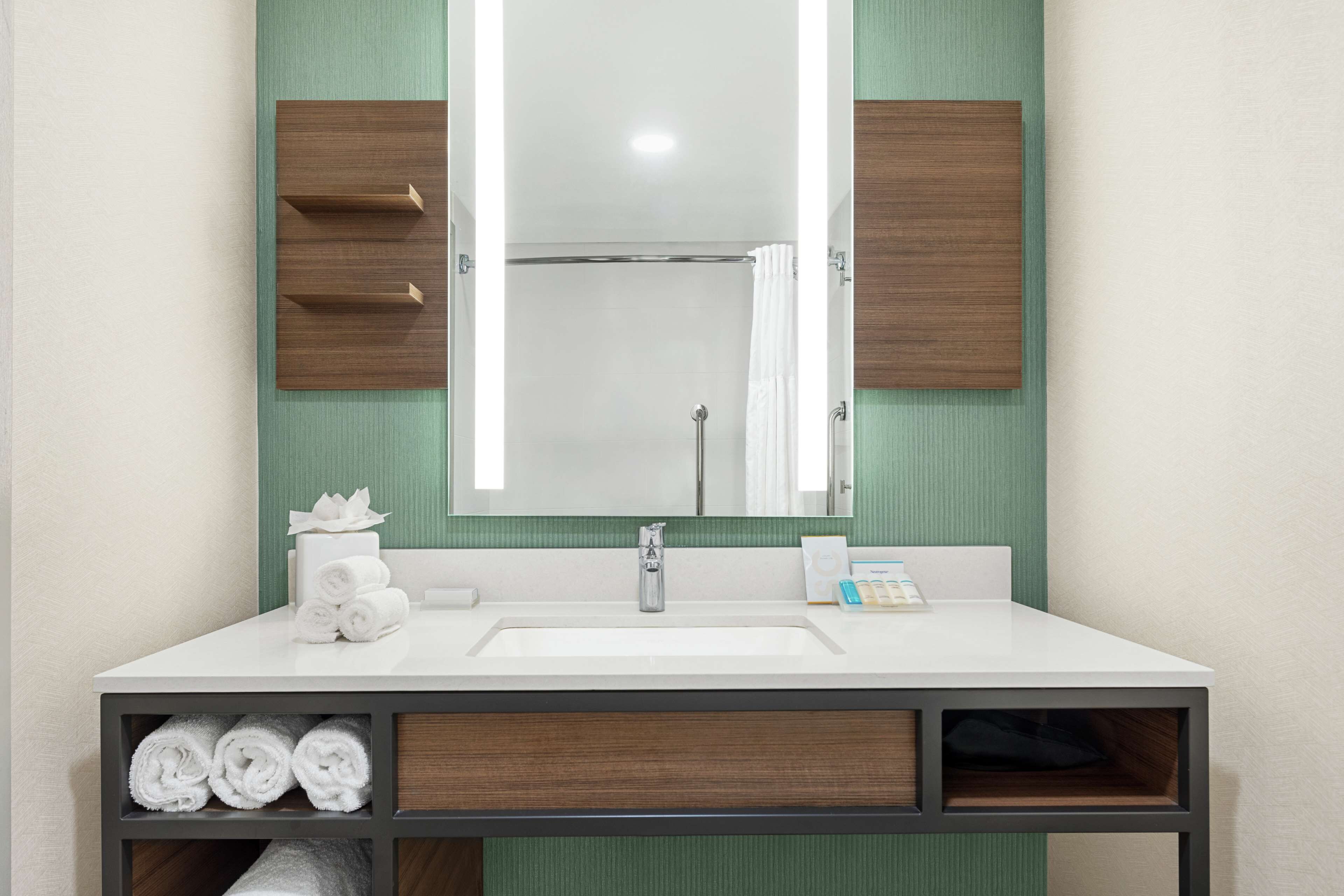 combined shower/bathtub, free toiletries, hair dryer, towels