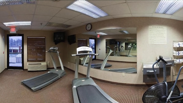A fitness center with treadmills, a mirrored wall, and a fan.