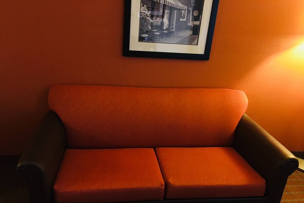 A room with a single orange sofa against an orange wall, a framed picture above it, and a lamp to the right.