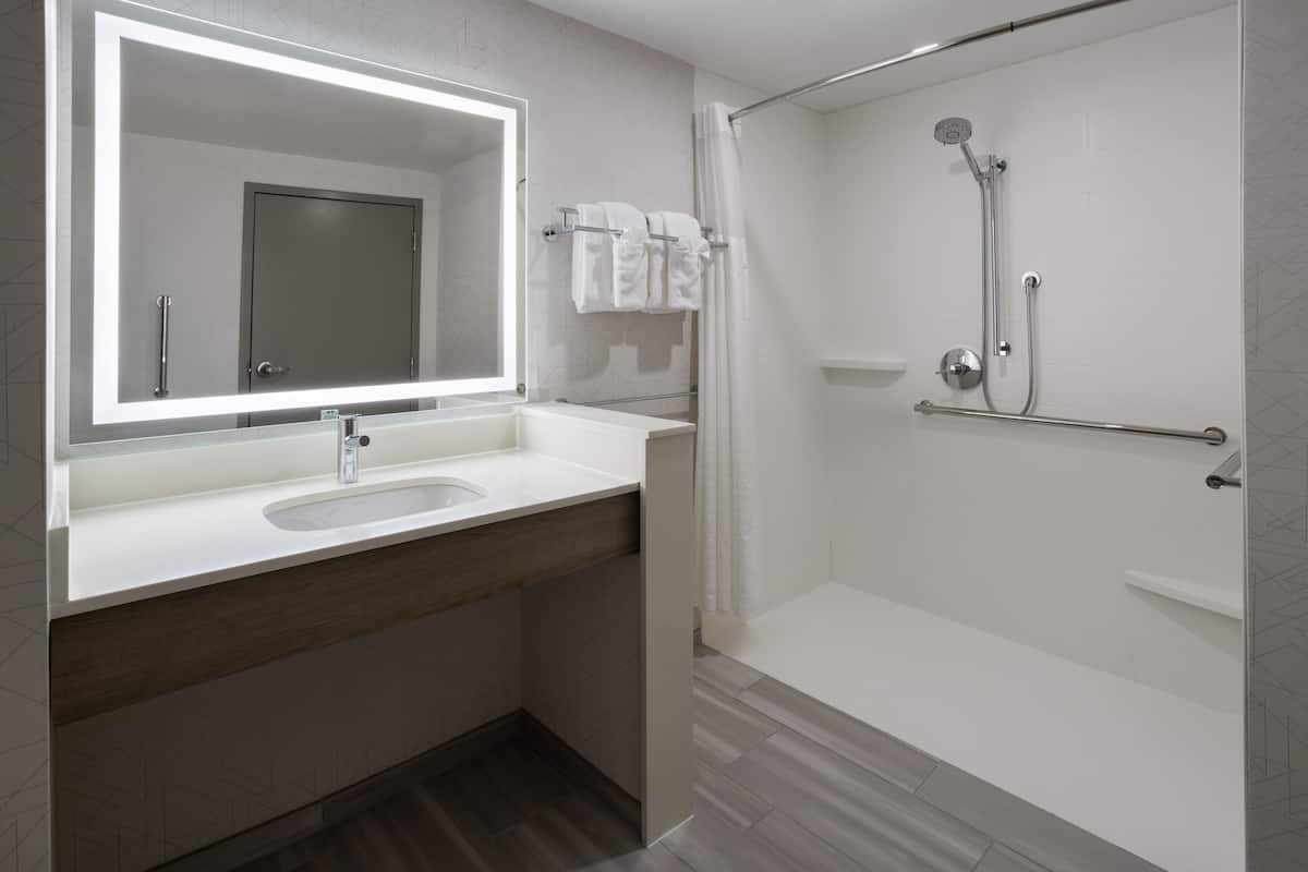 room, 1 king bed, mobility accessible (communications, roll-in shower) | bathroom | free toiletries, hair dryer, towels, soap