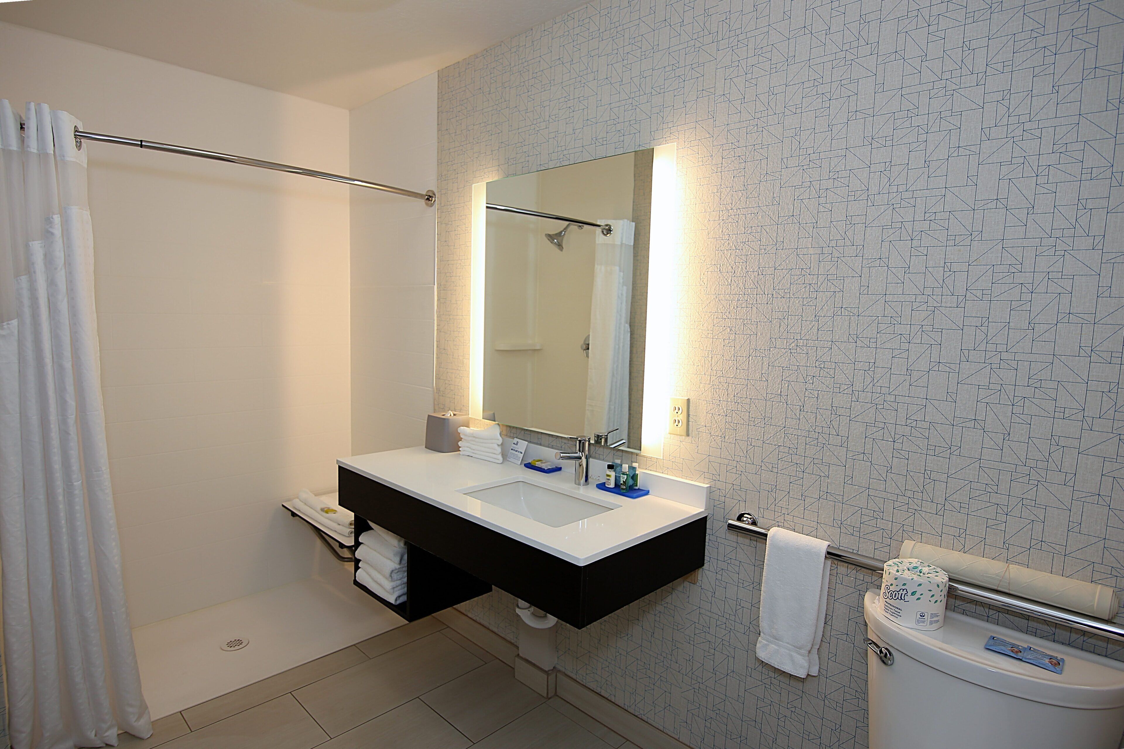 A modern bathroom with a double sink vanity, a shower, and a toilet.