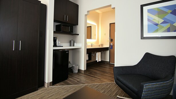 Une chambre d’hôtel moderne avec une armoire en bois foncé, un réfrigérateur noir, un four à micro-ondes, un évier et une chaise.