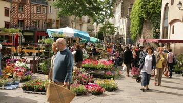 Een levendige markt in de open lucht, waar mensen winkelen en lopen.