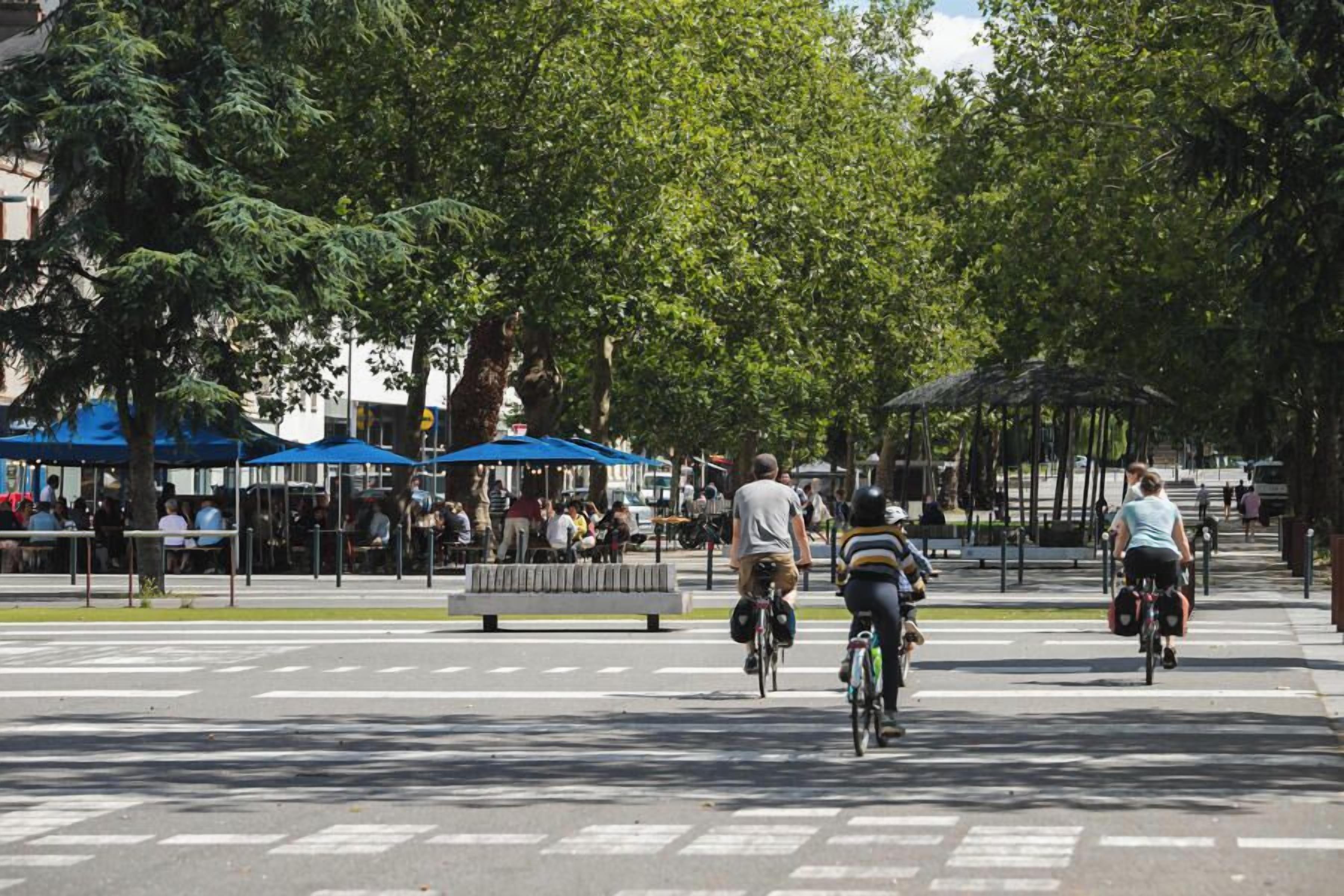 A street with cyclists, trees, and outdoor seating areas.