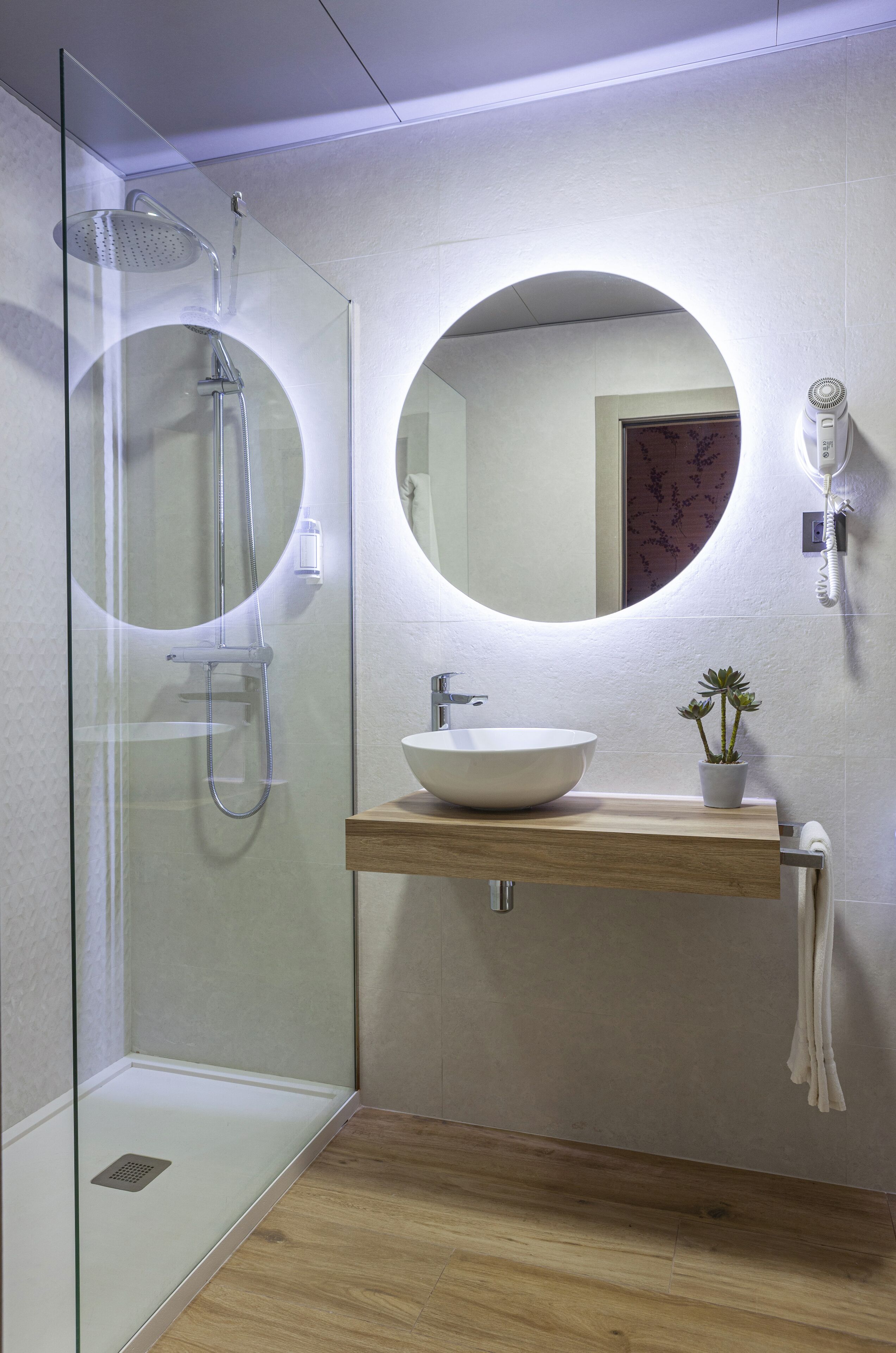 A modern bathroom with a glass-enclosed shower, a round mirror, a white sink, and a small potted plant.