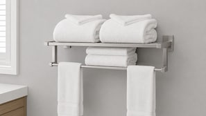 A bathroom with a towel rack holding three towels, a white countertop, and a wooden cabinet.