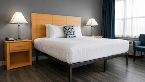 Habitación de hotel con cama, dos mesitas de noche con lámparas, una silla y una ventana con cortinas.