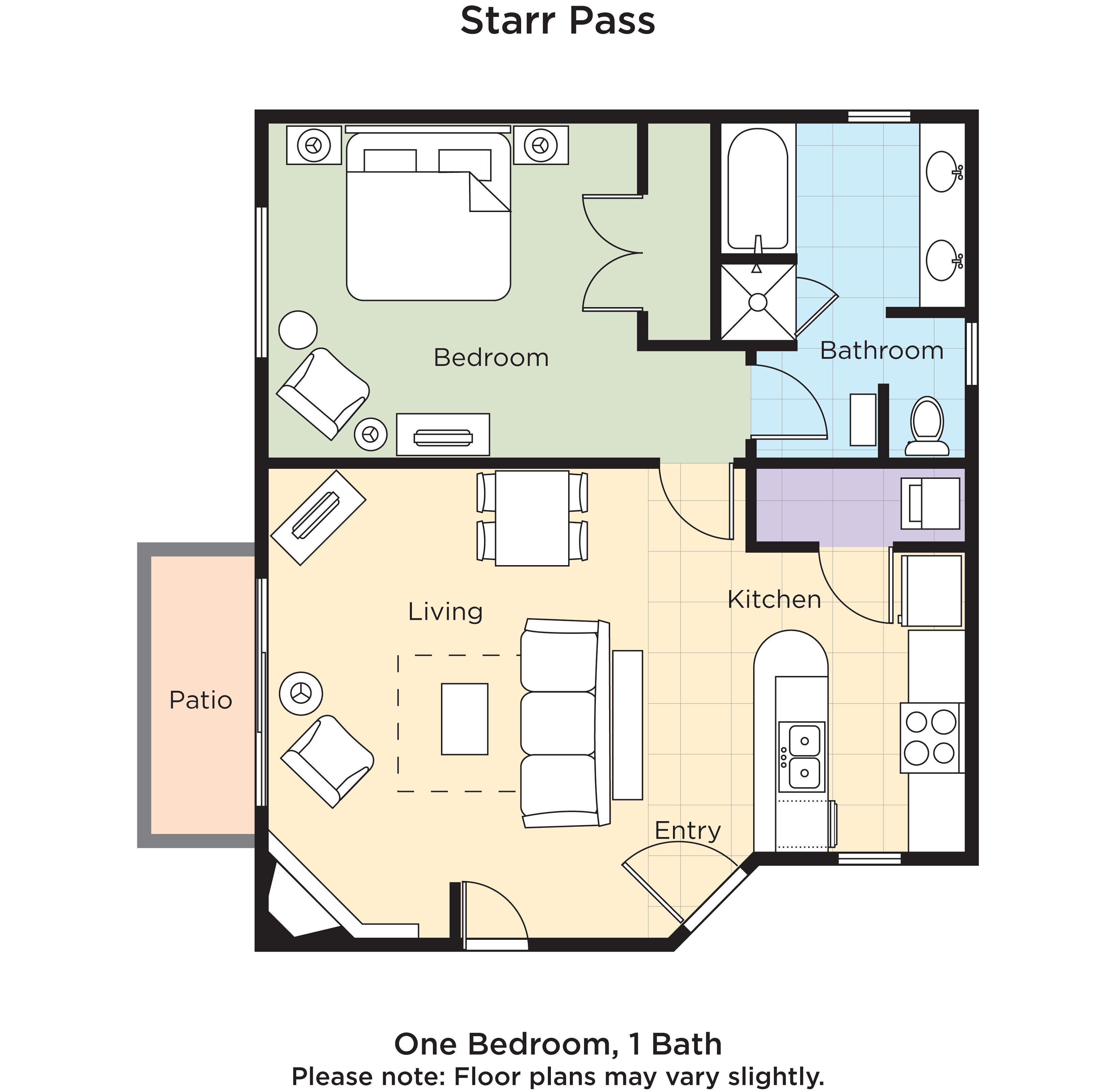 A one-bedroom, one-bath apartment layout with a bedroom, bathroom, living area, kitchen, entry, and patio.