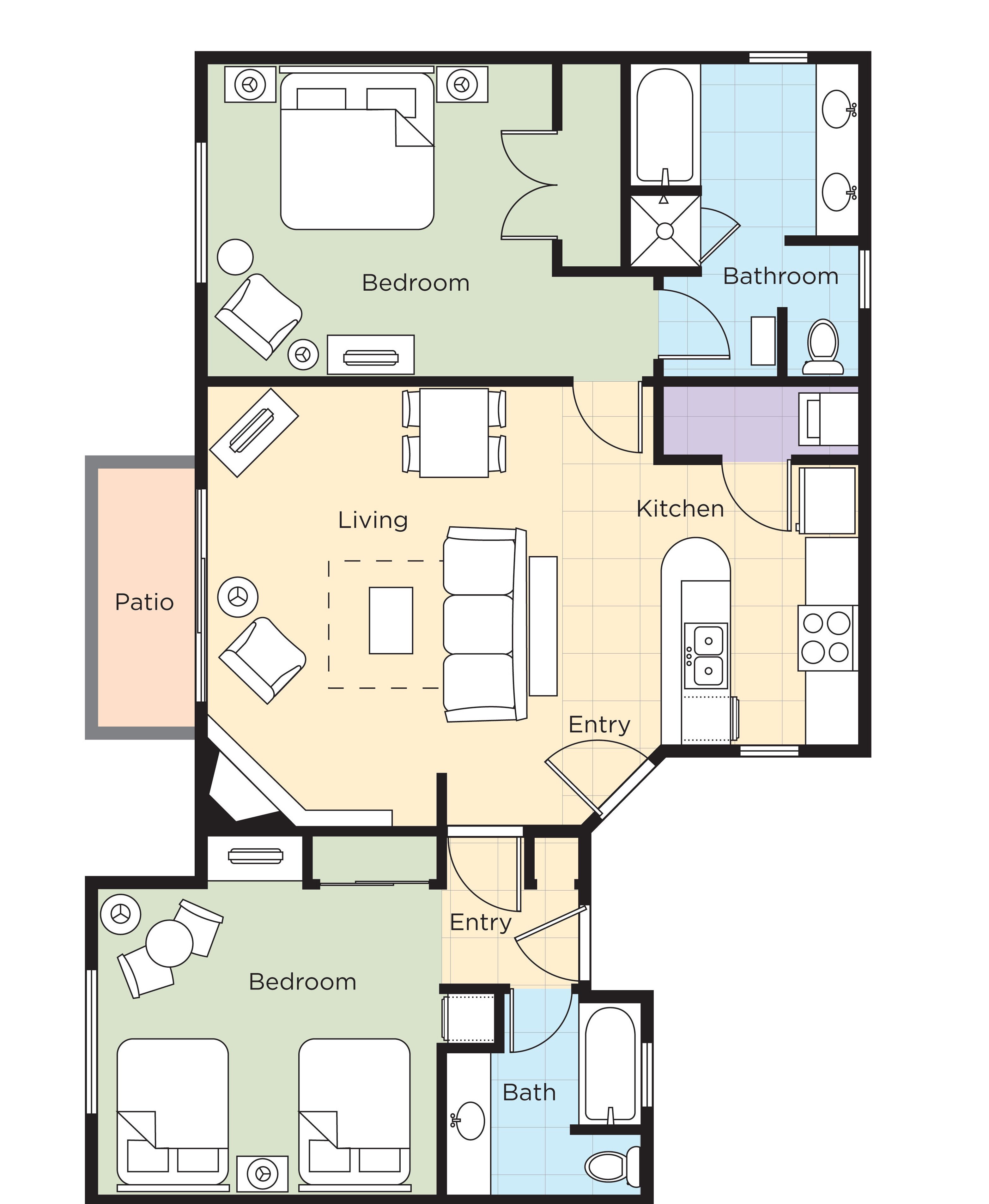 A floor plan of a hotel with a bedroom, living room, kitchen, bathroom, and patio.
