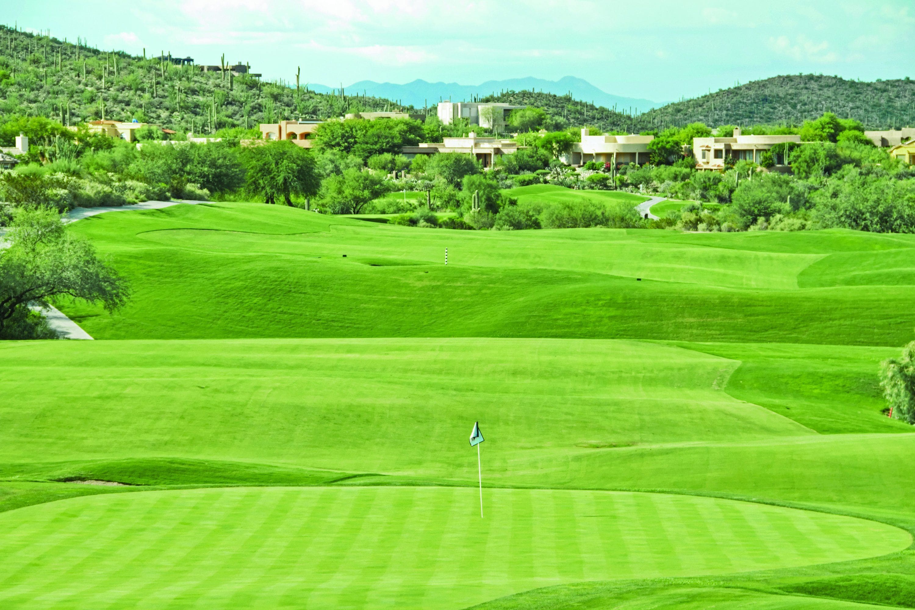 A golf course with a flagstick in the foreground, surrounded by lush greenery and buildings in the background.