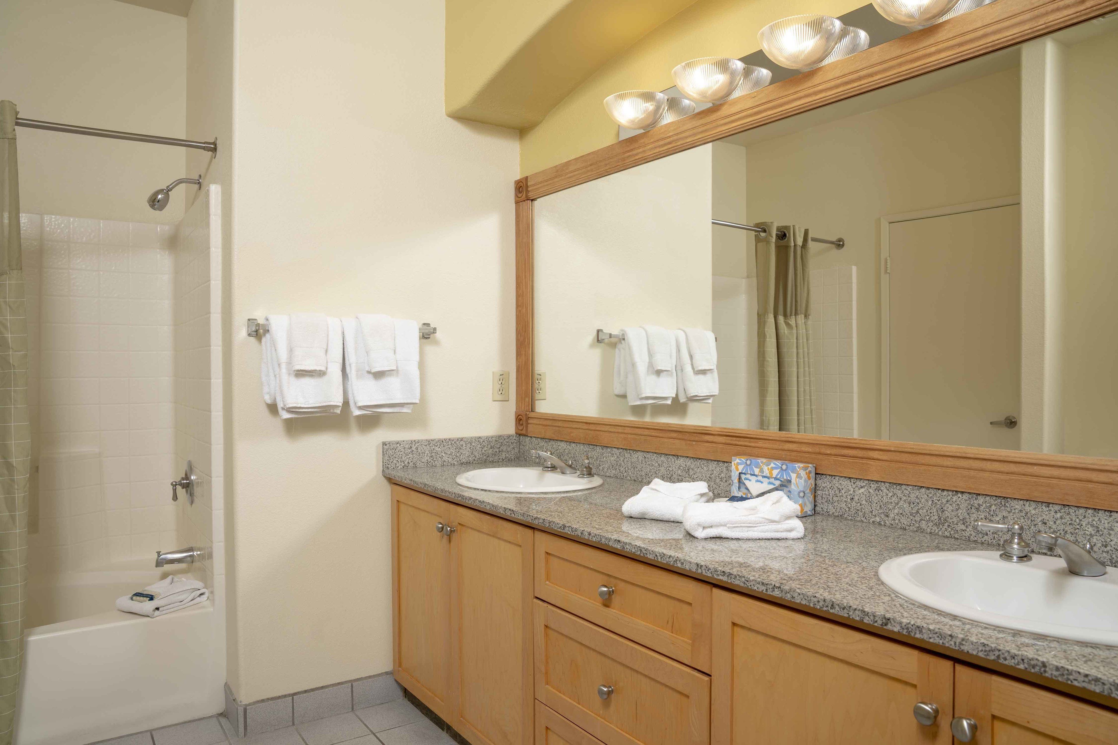 A bathroom with two sinks, a large mirror, and a shower.