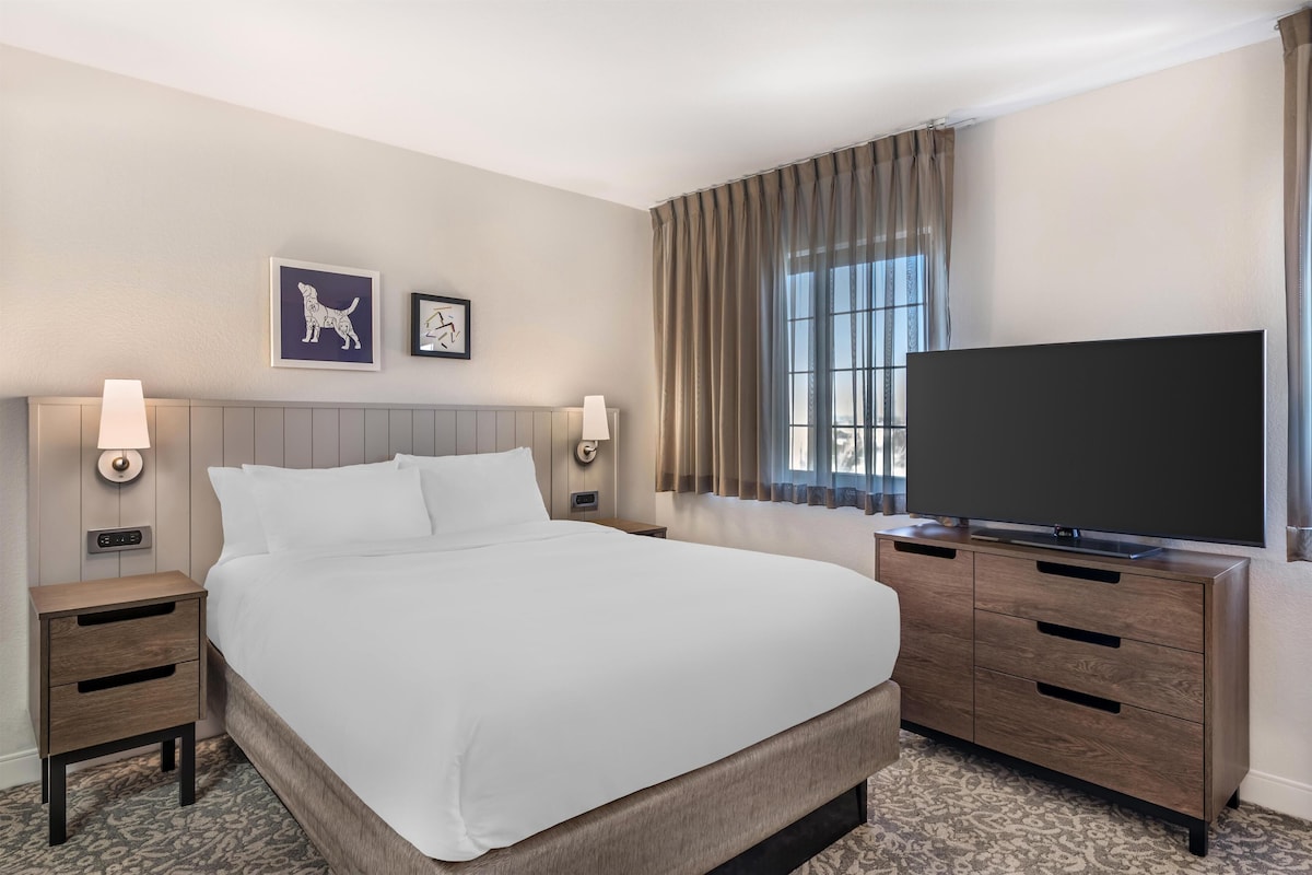 Une chambre d’hôtel avec un grand lit, un téléviseur à écran plat posé sur une commode en bois, deux tables de chevet avec des lampes et deux tableaux encadrés accrochés au mur.