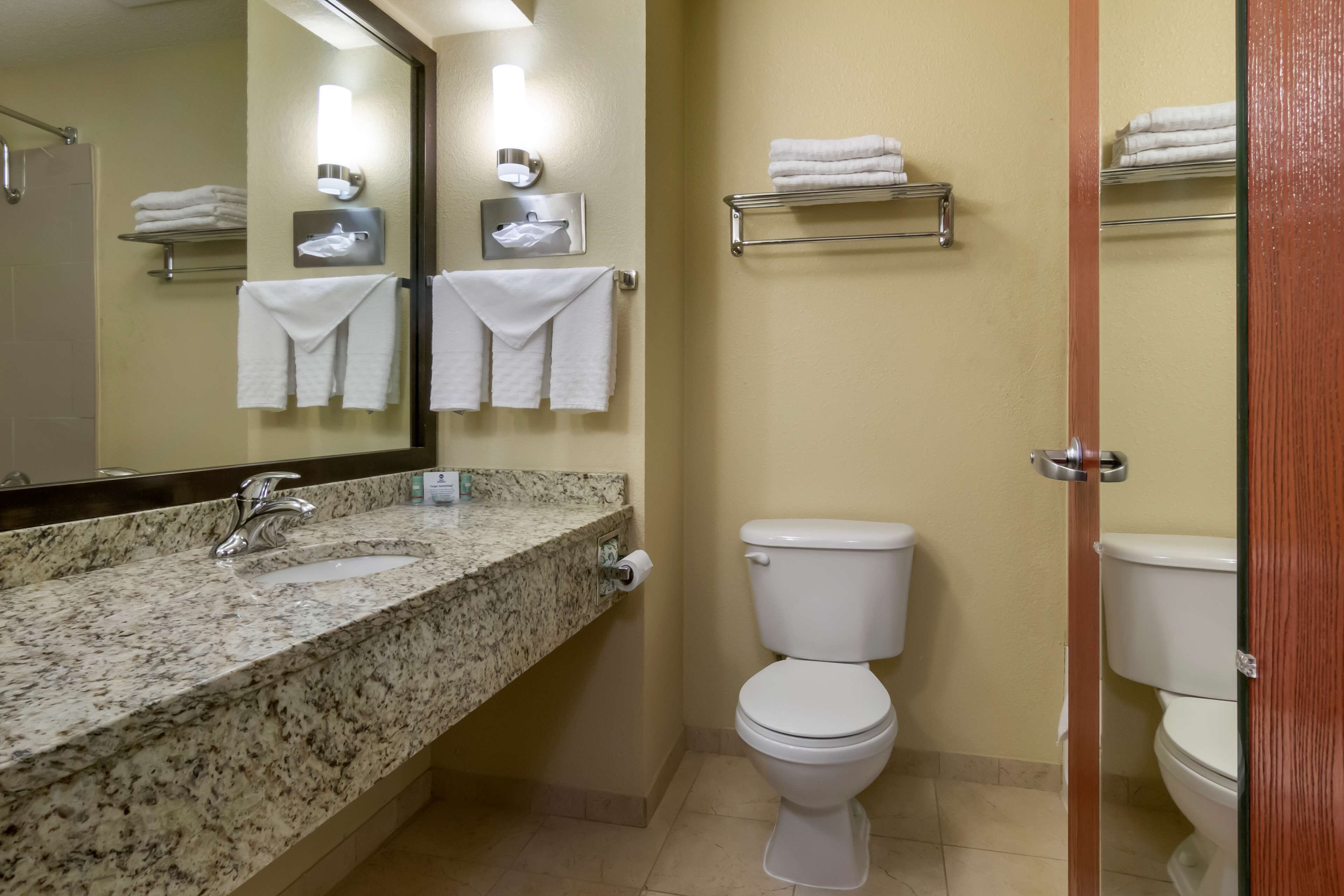 A bathroom with a granite countertop sink, a white toilet, and a mirror with towel racks.