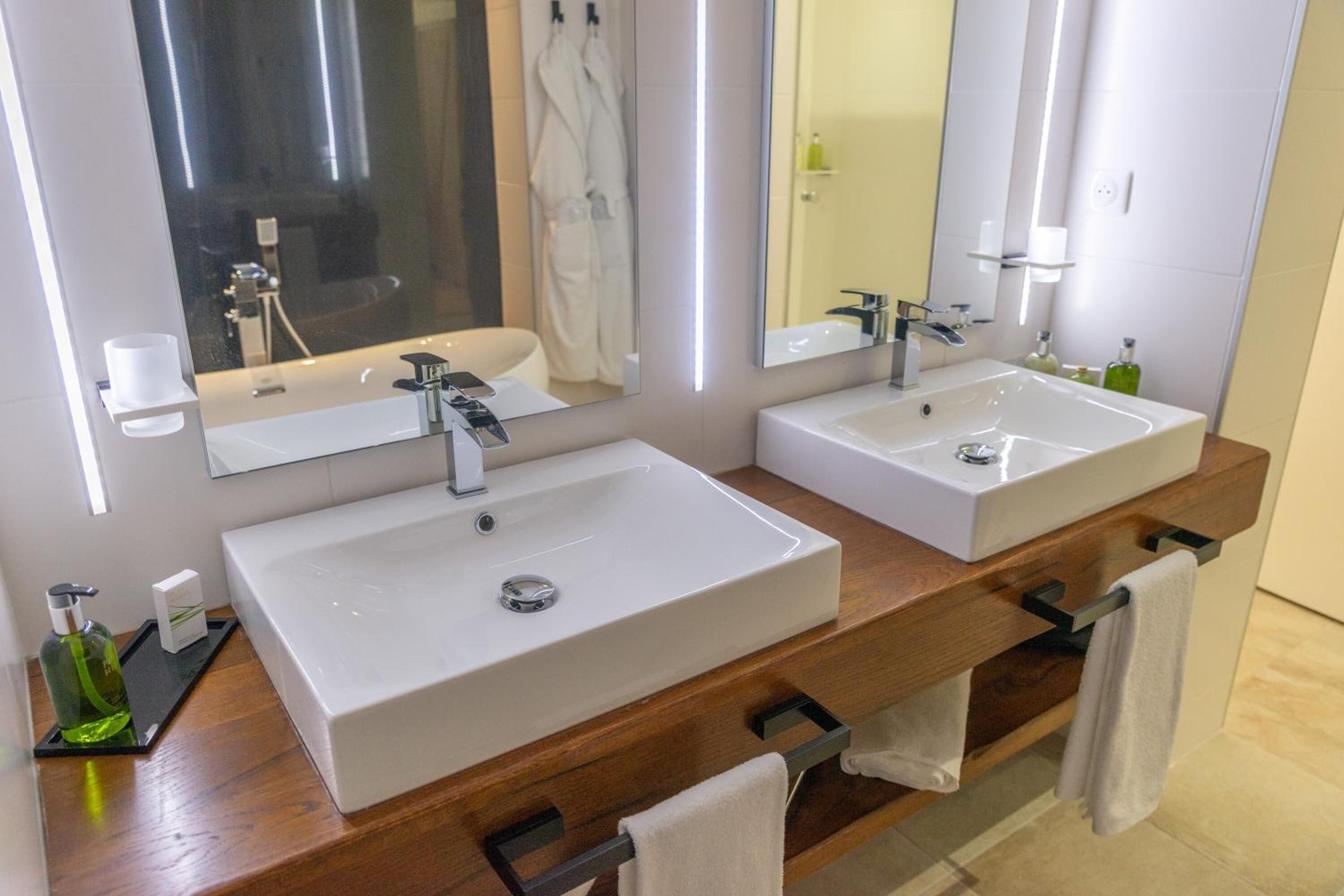 free toiletries, hair dryer, bathrobes, slippers