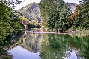 A serene river with a stone bridge and lush greenery. - Hôtel de la Muse et du Rozier (Mostuejouls)